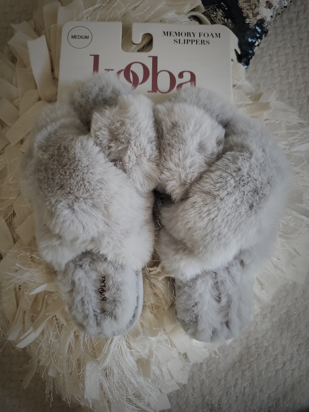 Kooba Plush Faux Fur Cross-Band Slide Slippers in Light Gray